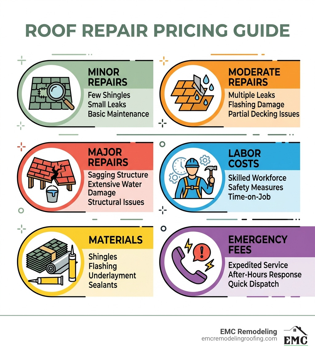 Infographic showing breakdown of roof repair pricing by category: minor, moderate, major, labor, materials, and emergency Infographic showing breakdown of roof repair pricing by category: minor, moderate, major, labor, materials, and emergency