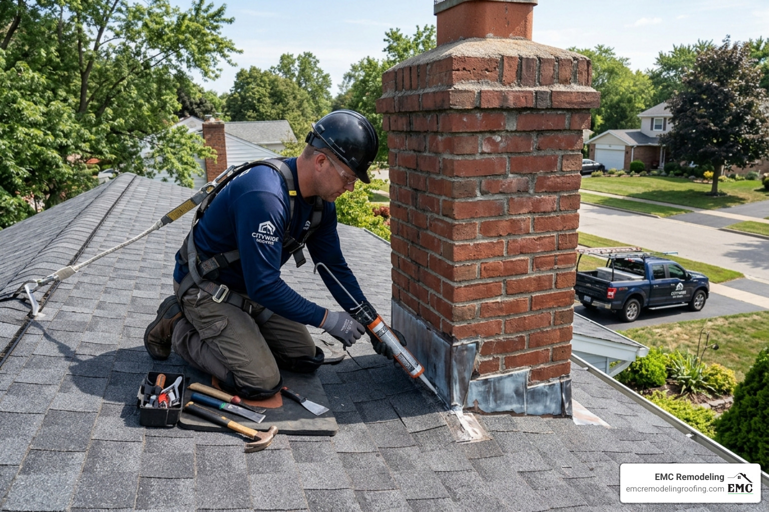 technician repairing a roof leak around a chimney - roof repair pricing technician repairing a roof leak around a chimney - roof repair pricing