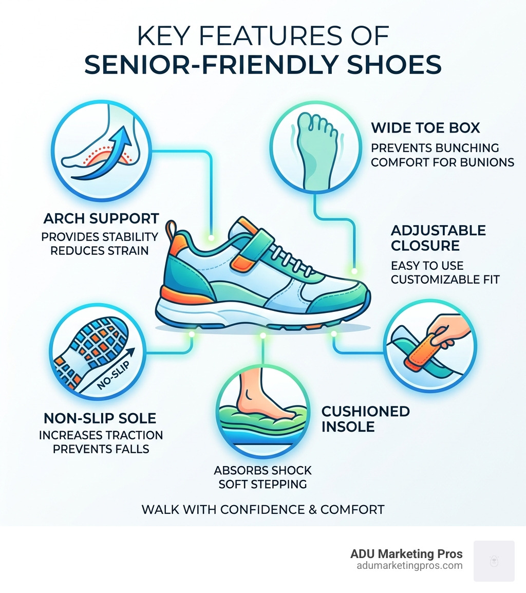 Infographic showing key features of senior-friendly shoes: arch support, non-slip sole, wide toe box, cushioned insole