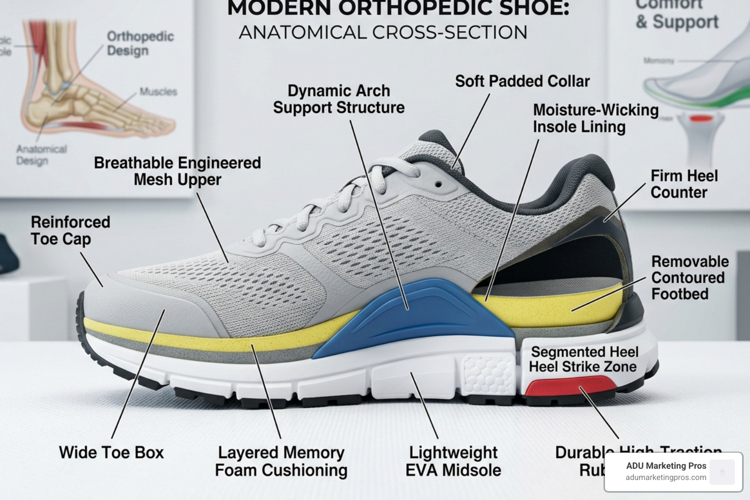 cross-section of a modern orthopedic shoe showing memory foam and arch support layers - old lady shoes