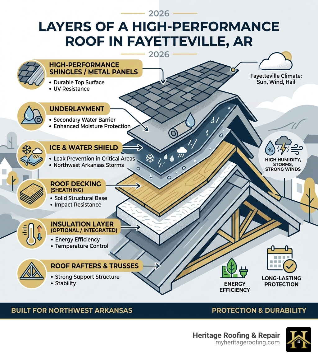 Infographic showing layers of a high-performance residential roof in Fayetteville AR - Fayetteville residential roofing Infographic showing layers of a high-performance residential roof in Fayetteville AR - Fayetteville residential roofing