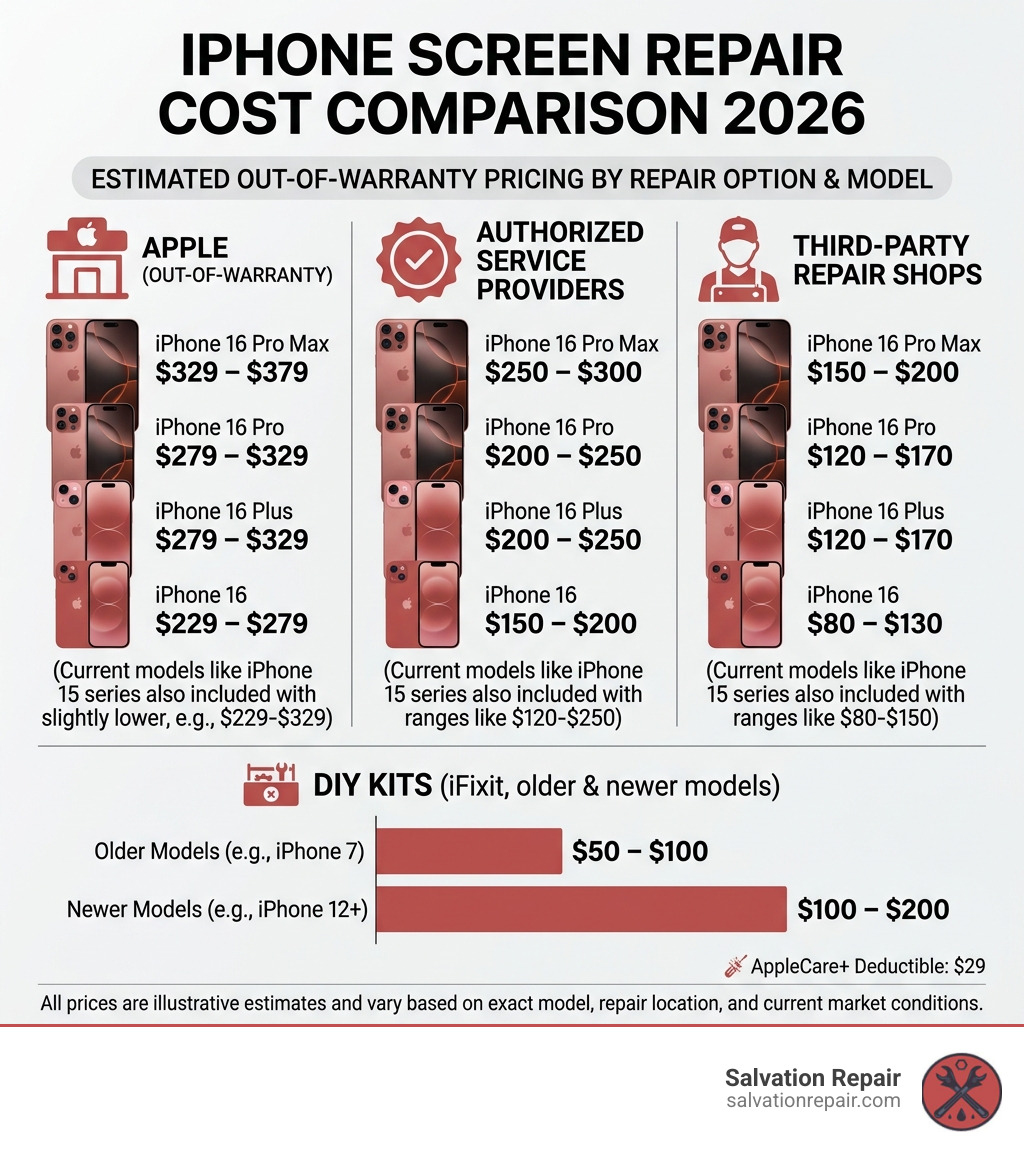 iPhone screen repair cost comparison infographic: Apple vs third-party vs DIY pricing by model 2026 - how much is a iphone iPhone screen repair cost comparison infographic: Apple vs third-party vs DIY pricing by model 2026 - how much is a iphone