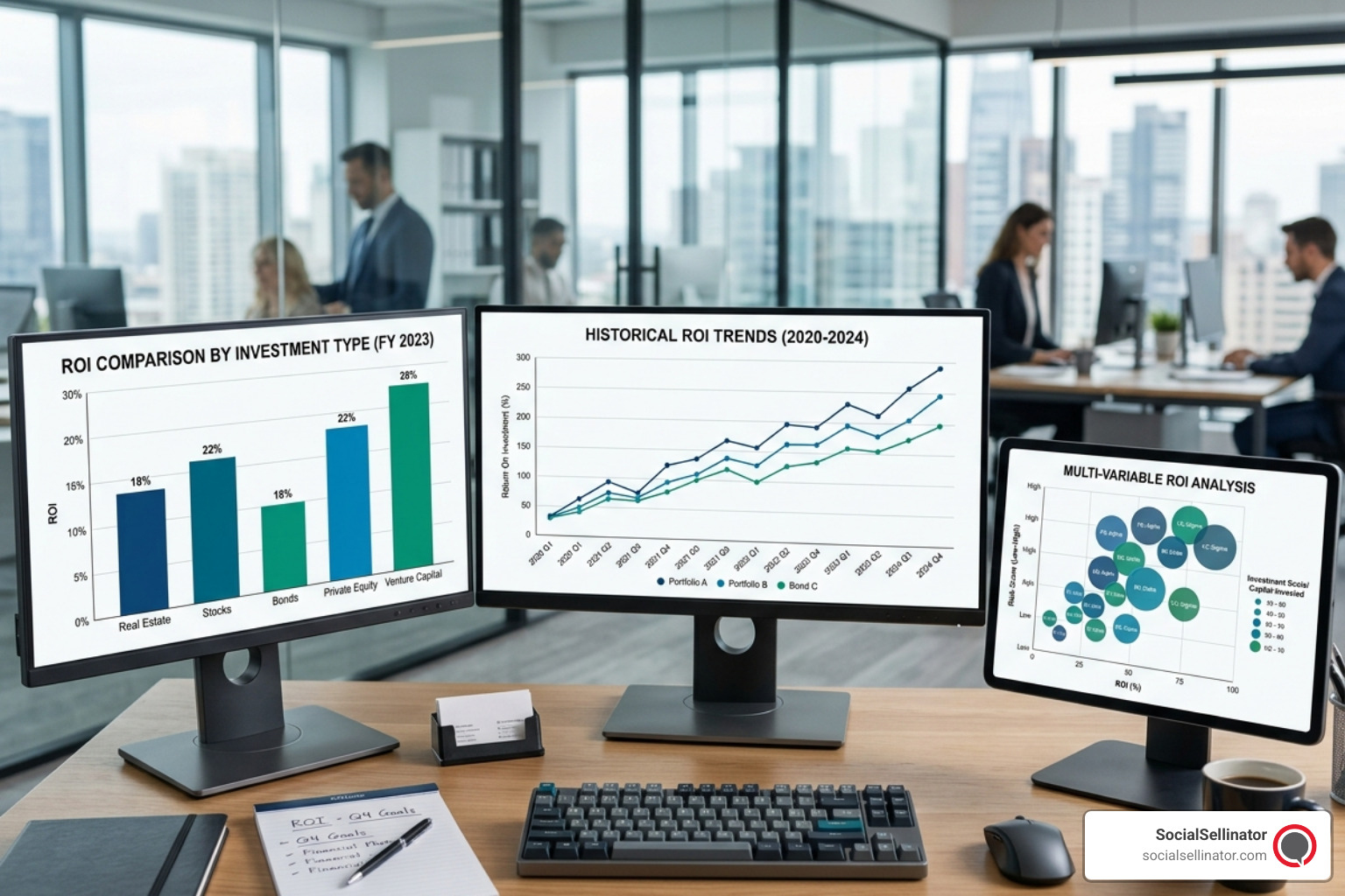 Collage displaying diverse ROI chart types: bar charts for comparative performance, line graphs for trends over time, and