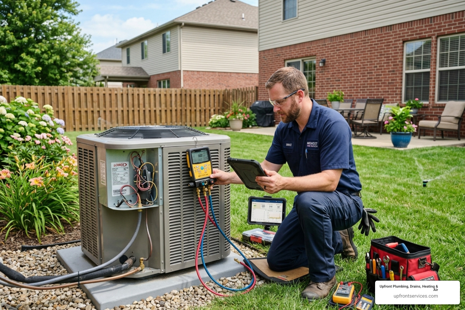 A technician performing a diagnostic check on an outdoor AC unit. - Who are the top-rated experts for heating ventilation