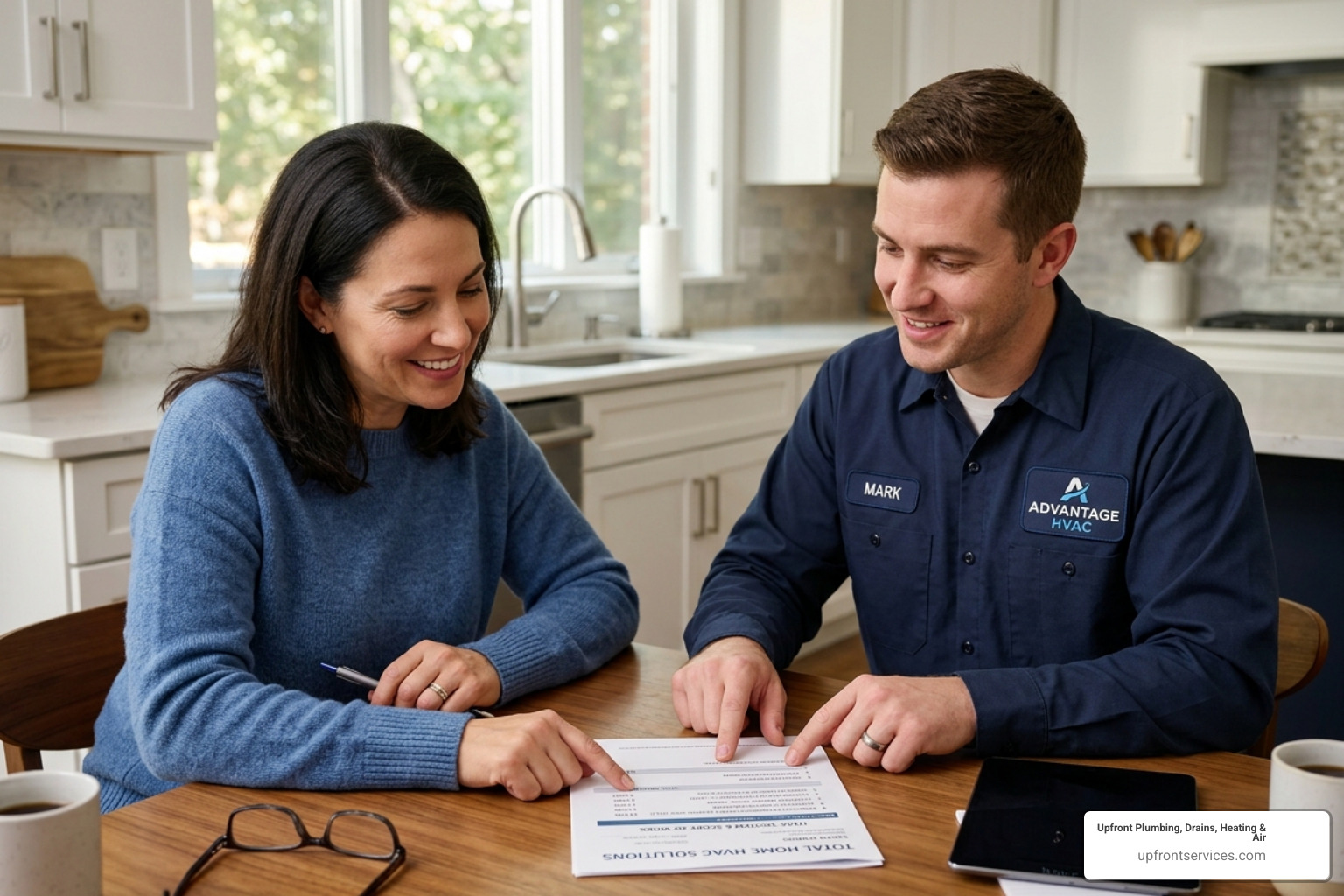 A homeowner reviewing an HVAC service quote with a technician, emphasizing transparency. - Who are the top-rated experts for