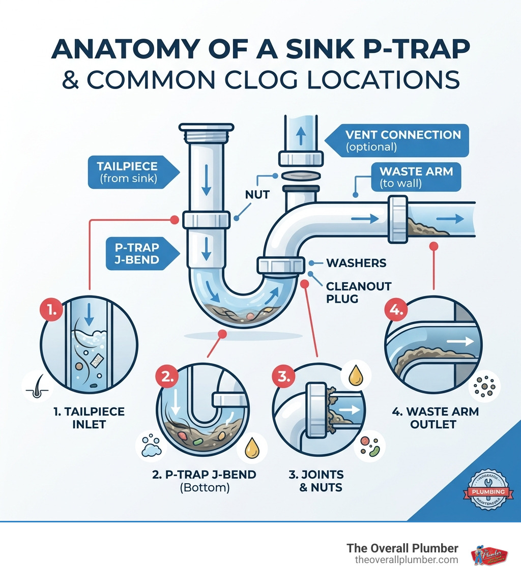 Anatomy of a sink P-trap and common clog locations infographic - sink drain cleaning infographic Anatomy of a sink P-trap and common clog locations infographic - sink drain cleaning infographic