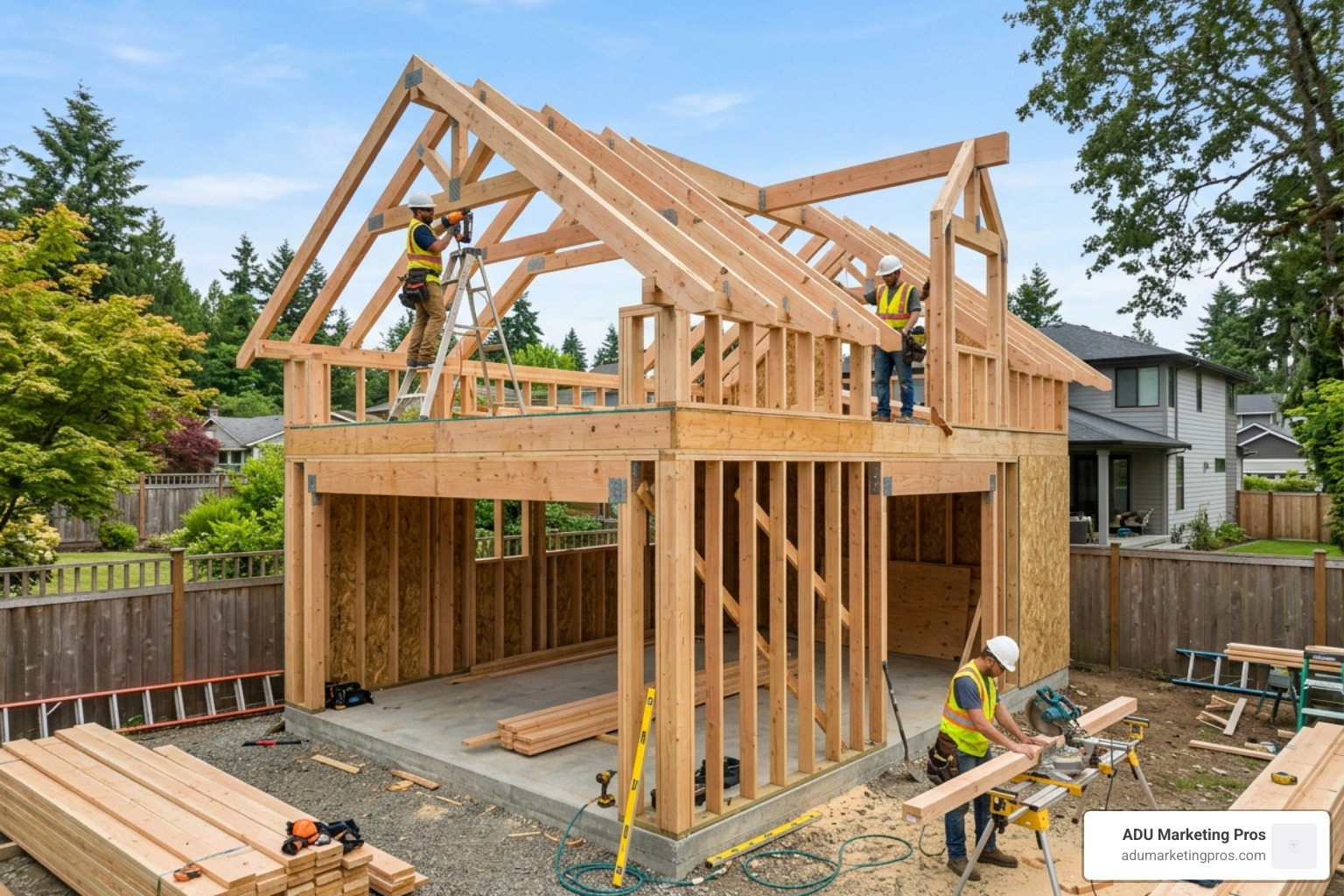 Construction site in Yarralumla showing a high-quality timber frame for a secondary residence - canberra granny flat