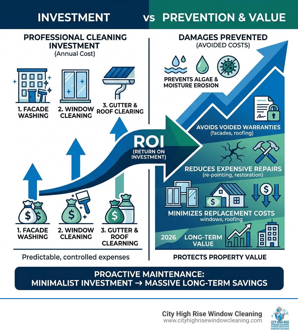 Infographic showing ROI of professional building exterior cleaning services including cost vs. damage prevention - building Infographic showing ROI of professional building exterior cleaning services including cost vs. damage prevention - building