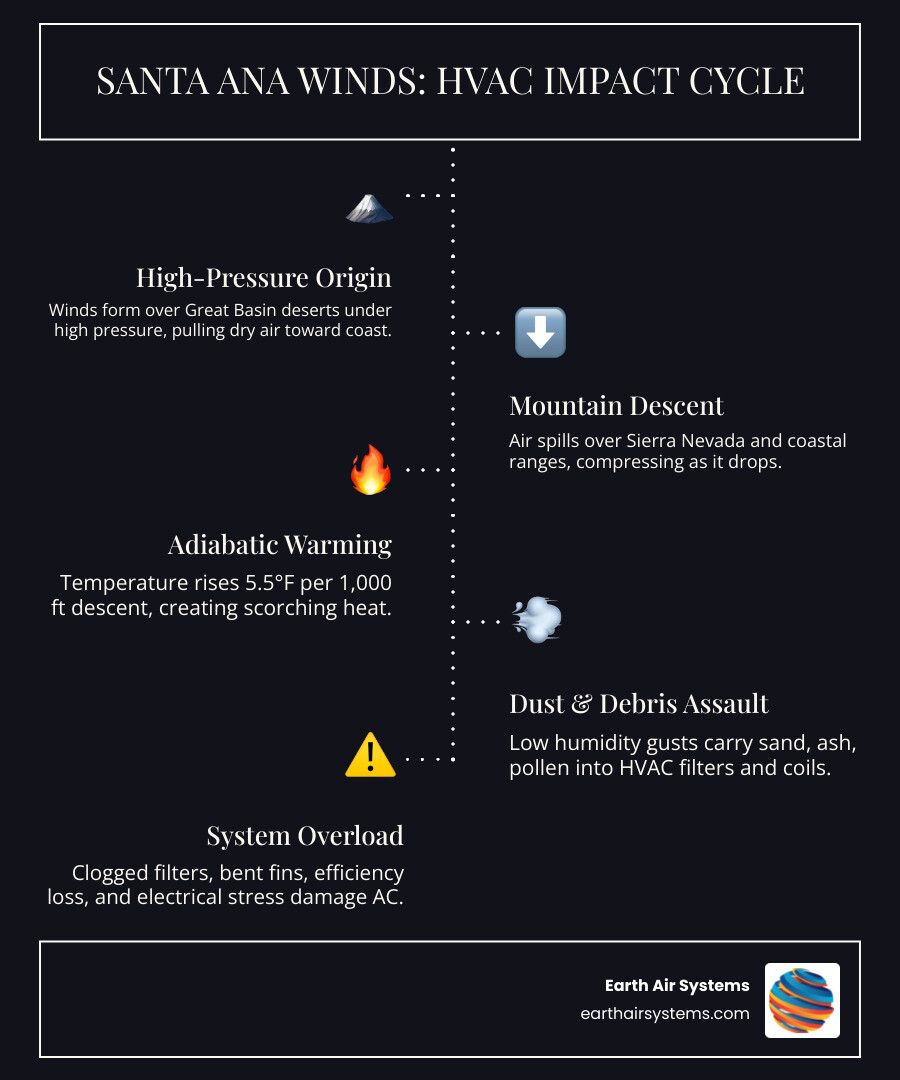 Infographic showing Santa Ana wind cycle and step-by-step impact on HVAC filters, coils, and indoor air quality - how santa