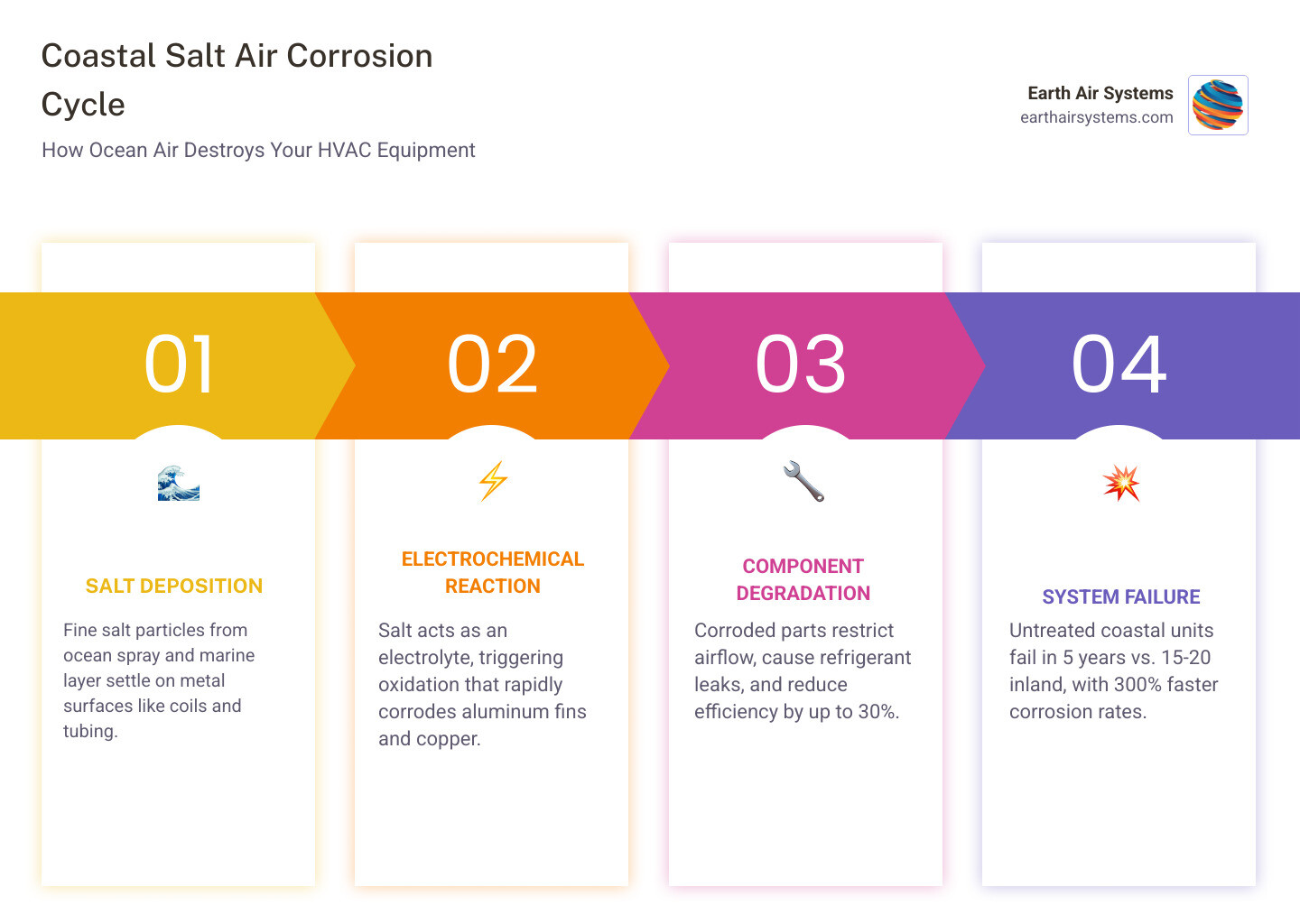 Infographic showing the coastal salt air corrosion cycle and its impact on HVAC equipment lifespan and efficiency - how