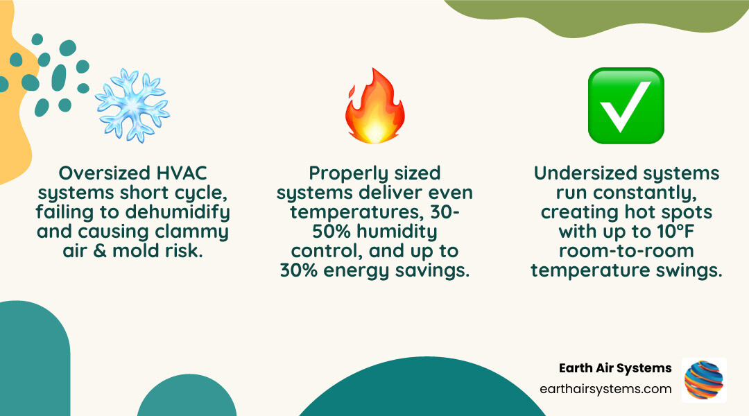 Infographic showing the Goldilocks principle of HVAC sizing: too big causes short cycling and humidity problems, too small