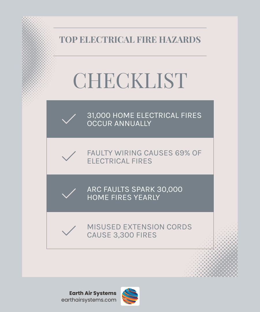 Infographic showing top household electrical hazards including overloaded outlets, frayed cords, and missing GFCI protection