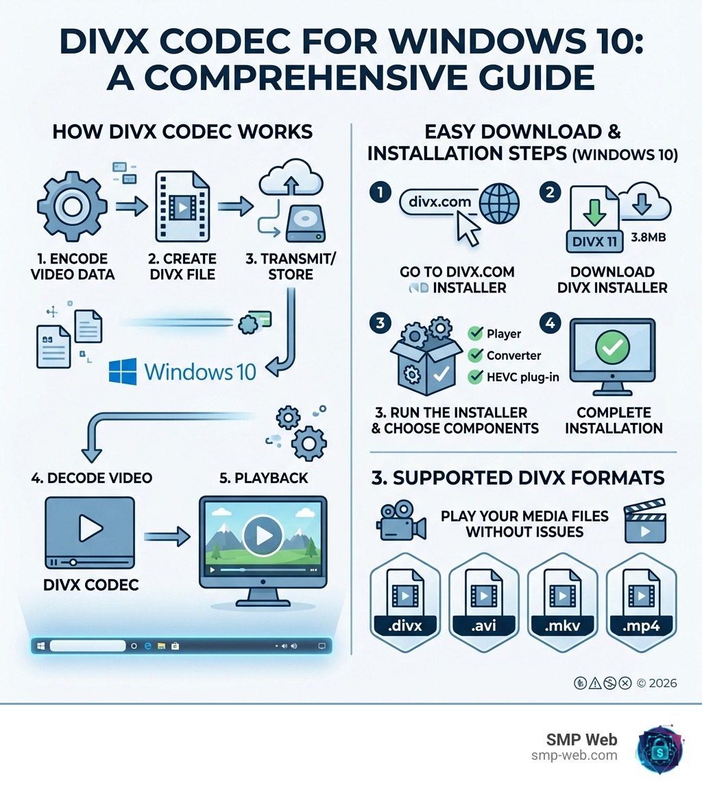 Infographic showing how DivX codec works on Windows 10, download steps, and supported formats - divx codec download windows