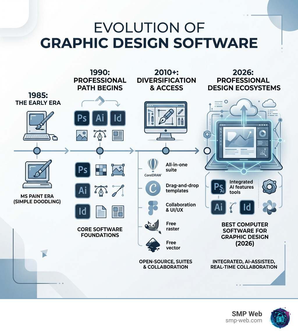Evolution from MS Paint to professional graphic design suites timeline infographic - best computer software for graphic