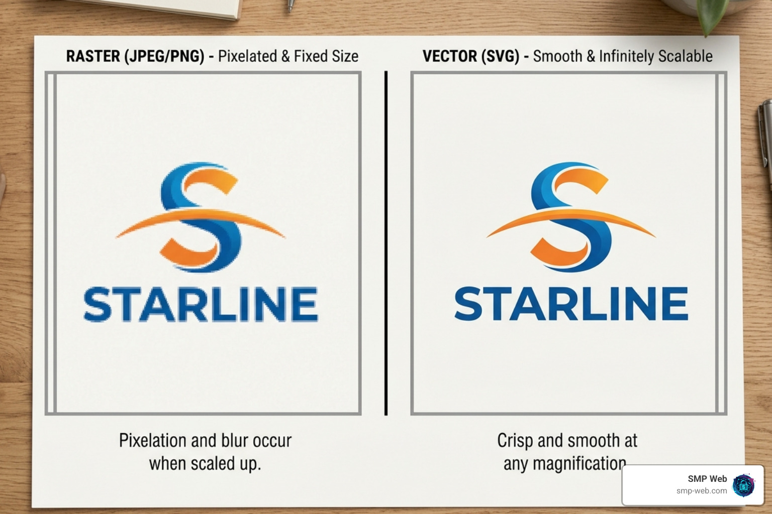 Comparison of pixelated raster images vs smooth scalable vector graphics - best computer software for graphic design