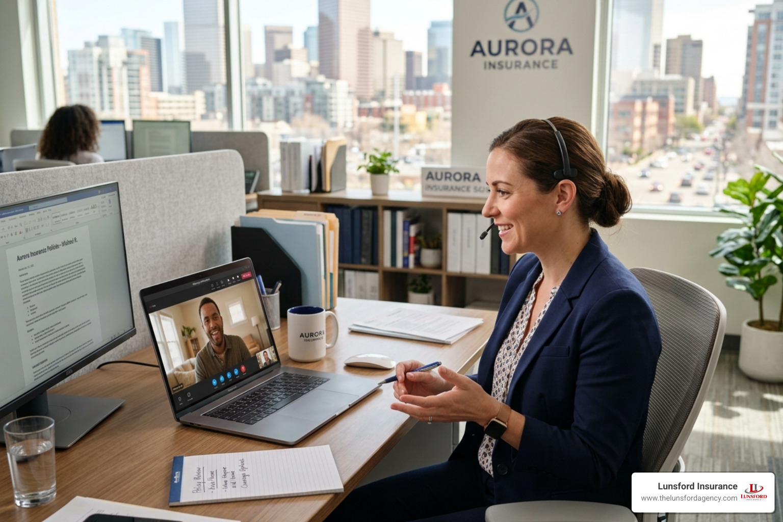 Professional insurance agent at a desk with a laptop assisting a client virtually - instant issue life insurance policy
