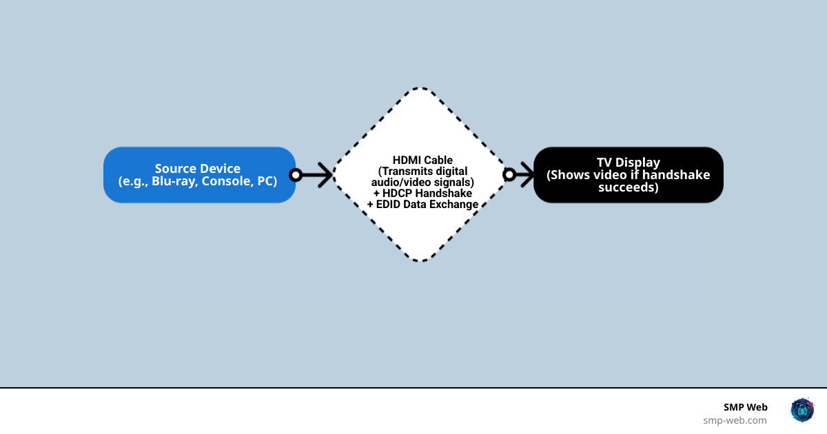 Infographic showing HDMI connection path from source device through cable to TV display with common failure points labeled