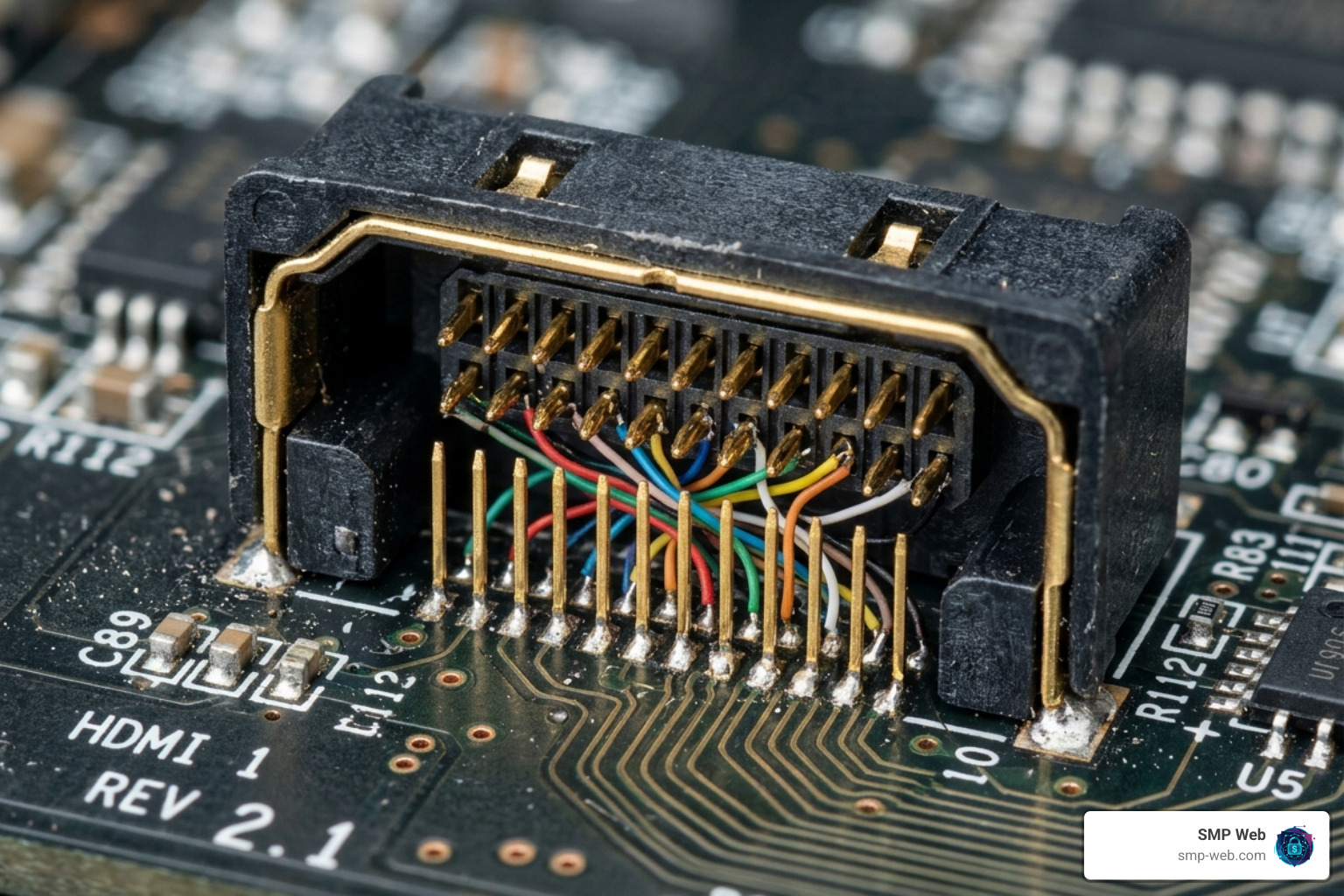 Close up of HDMI port pins and internal connectors showing the complex wiring required for digital signals - no signal on tv