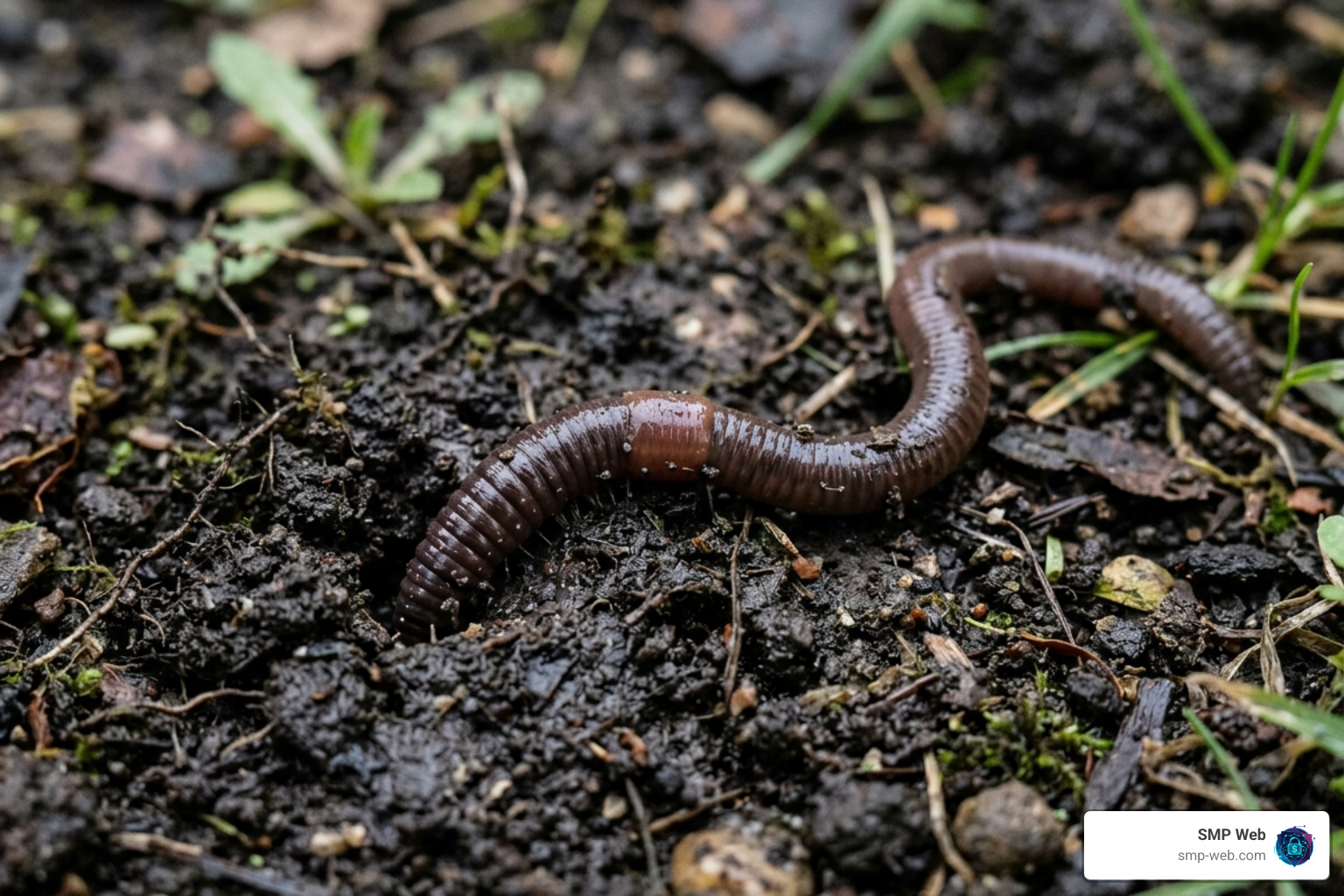 A common earthworm crawling through moist soil - example of worms