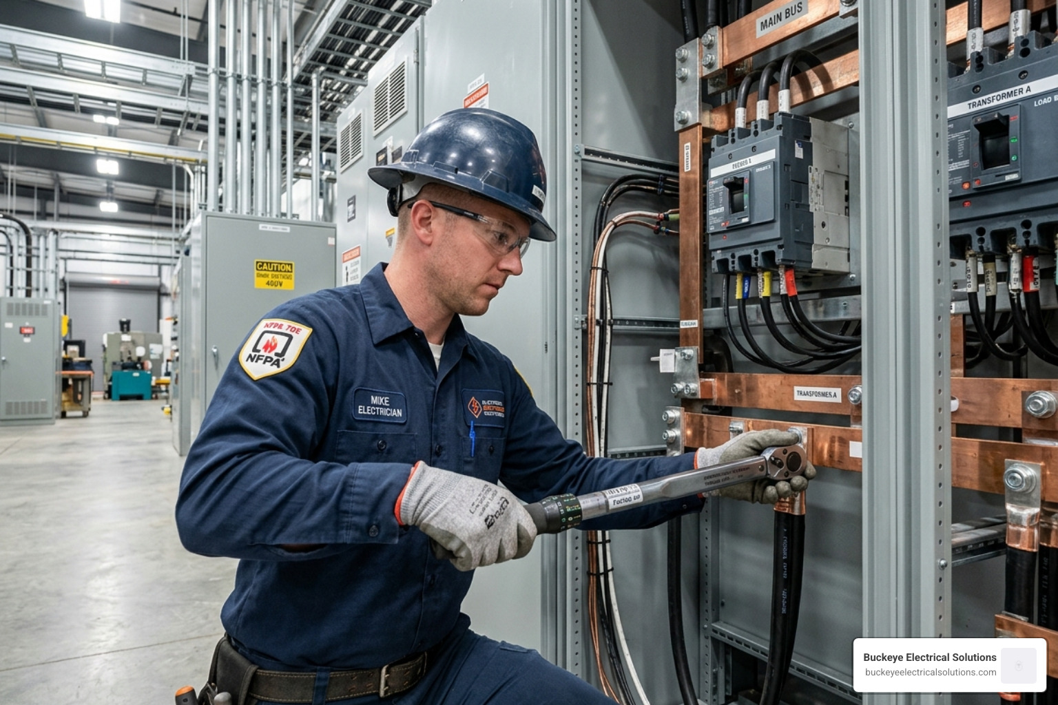 technician using a torque wrench to tighten connections in a commercial switchgear enclosure - electrical planned maintenance