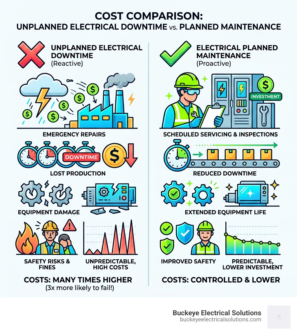 infographic comparing cost of unplanned electrical downtime versus planned maintenance program investment - electrical