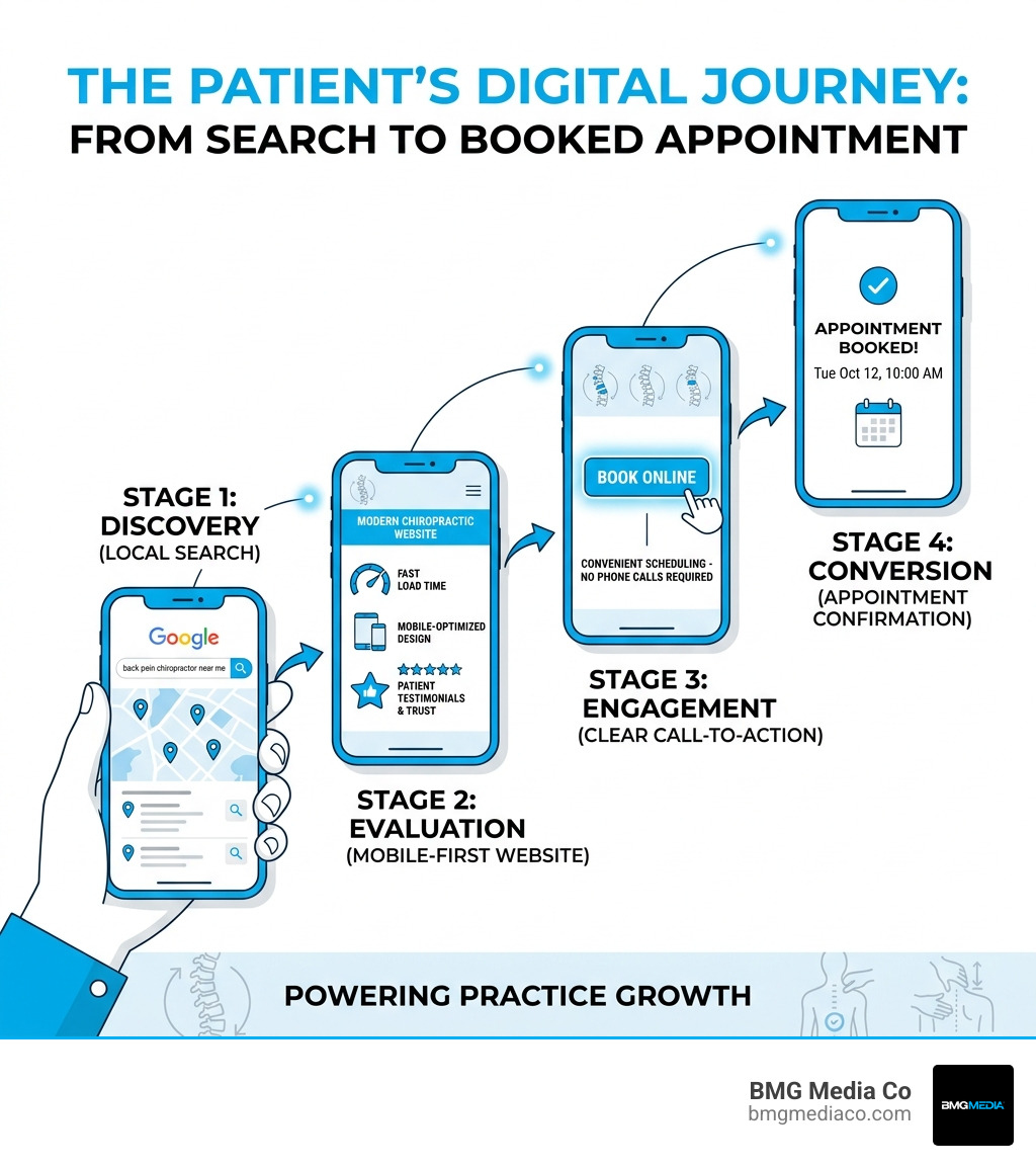 Infographic showing patient digital journey from Google search to booked chiropractic appointment - chiropractor website