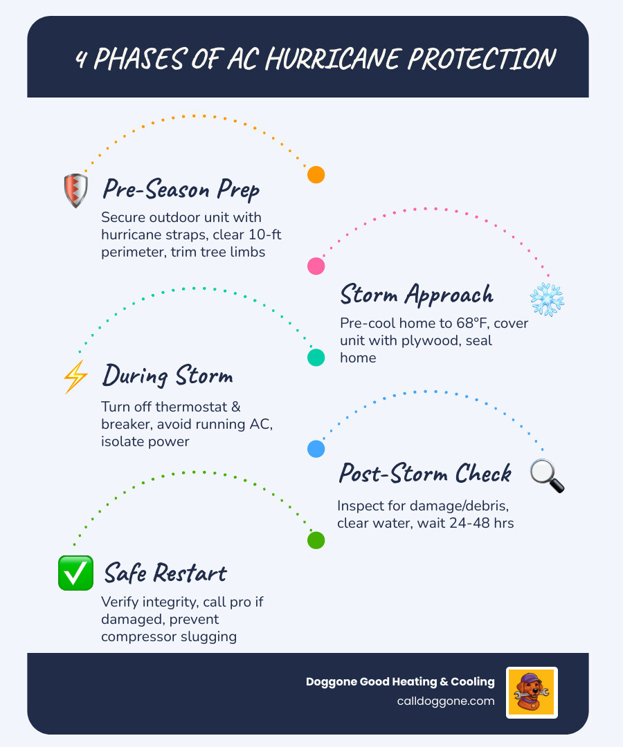 4 phases of AC hurricane protection infographic: pre-season prep, storm approach actions, during storm, post-storm recovery