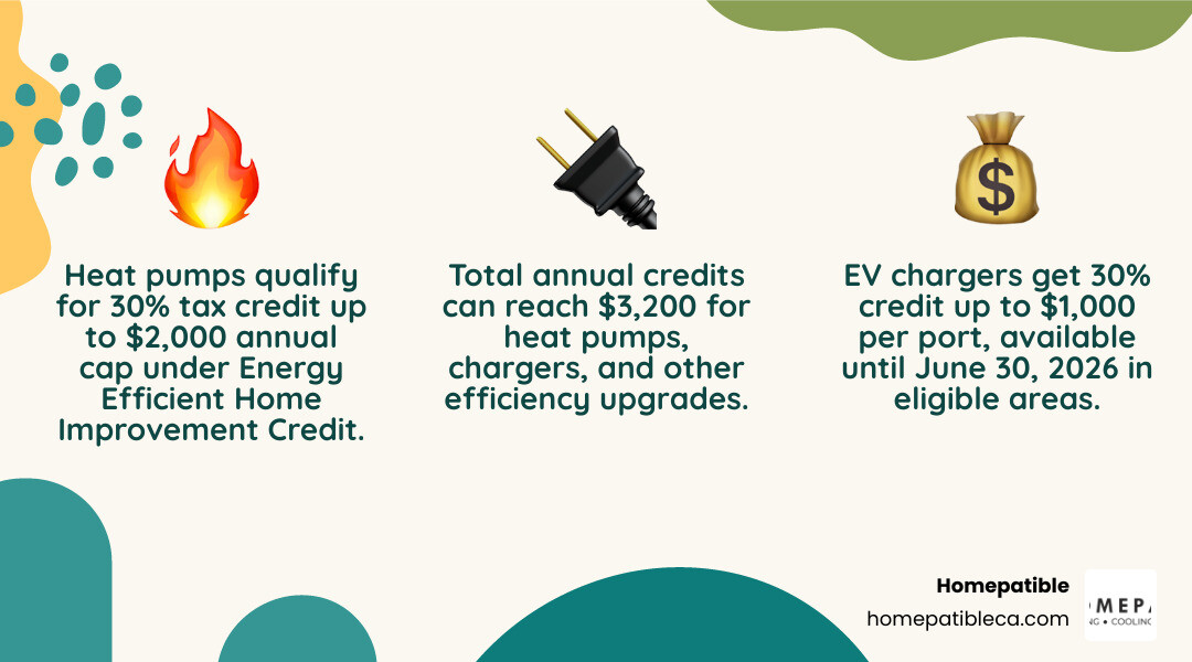 Infographic: 30% federal tax credit breakdown for heat pumps and EV chargers with annual limits and deadlines - federal tax