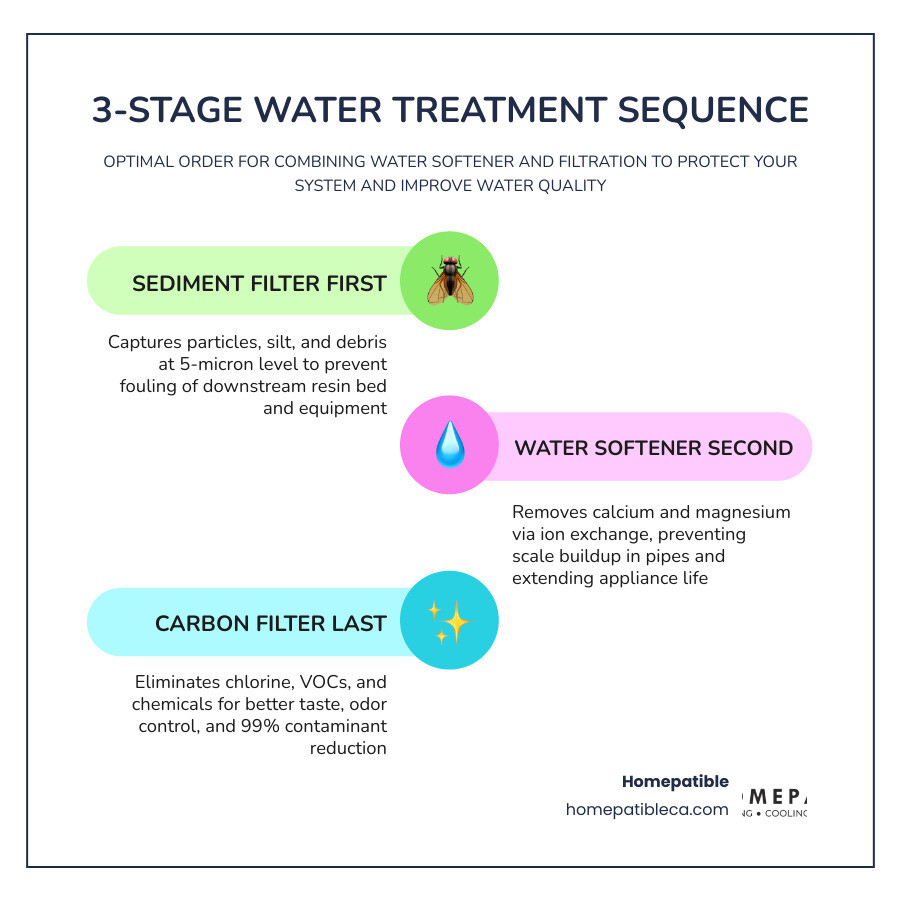 Infographic showing 3-stage water treatment sequence: sediment filter, water softener, carbon filter with benefits at each Infographic showing 3-stage water treatment sequence: sediment filter, water softener, carbon filter with benefits at each