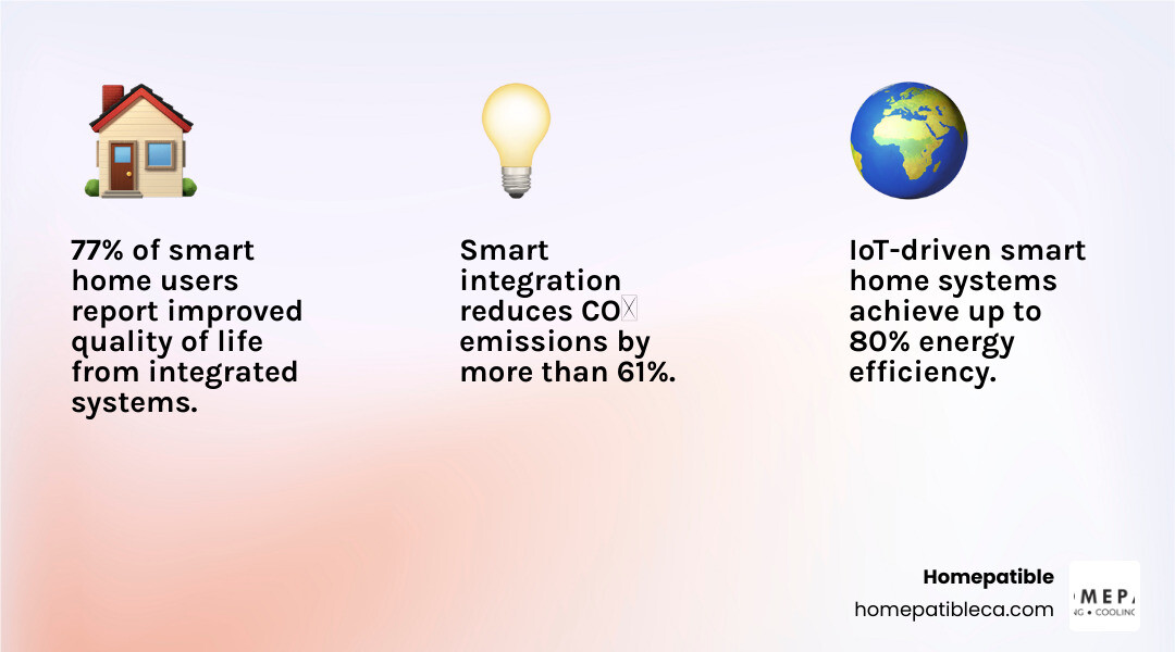 Infographic showing the integrated smart home ecosystem benefits including energy savings, security, and single-provider