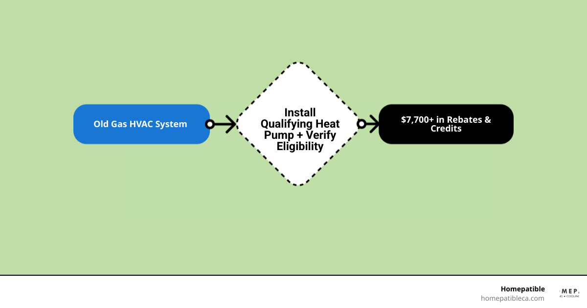 Infographic showing how to stack federal 25C tax credits with HEEHRA and local utility HVAC rebates in California Infographic showing how to stack federal 25C tax credits with HEEHRA and local utility HVAC rebates in California