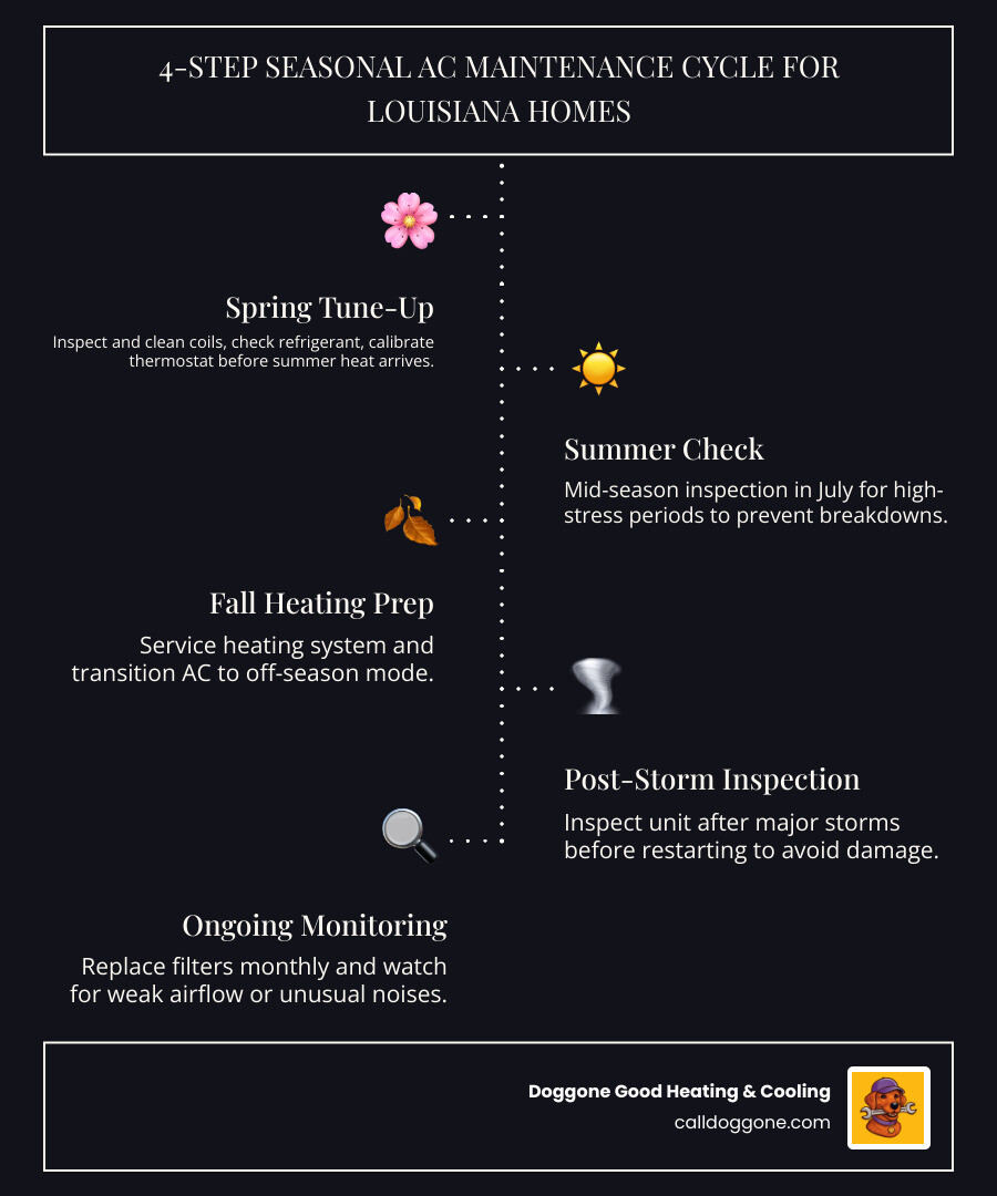 Infographic: 4-step seasonal AC maintenance cycle for Louisiana homeowners — spring tune-up, summer check, fall heating
