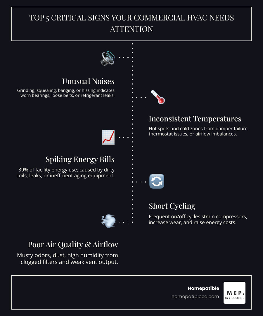 Infographic showing top 10 commercial HVAC warning signs with icons for noises, energy bills, odors, and airflow - signs