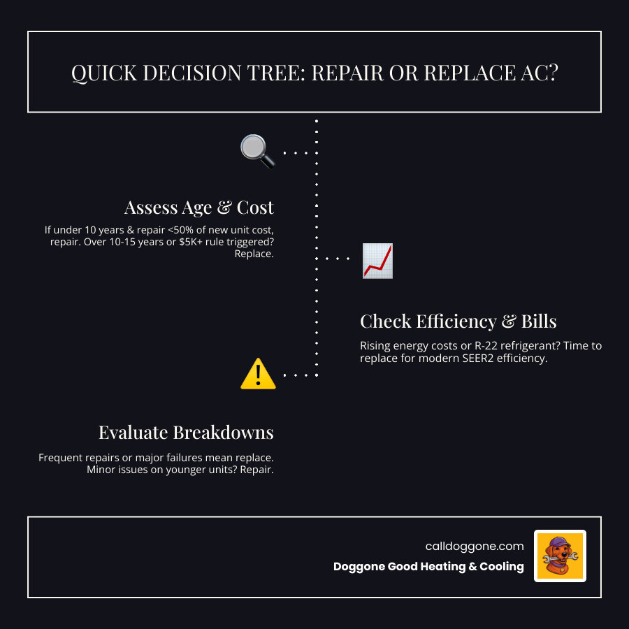 AC repair vs replacement quick decision tree infographic for homeowners - how to decide between ac repair and replacement