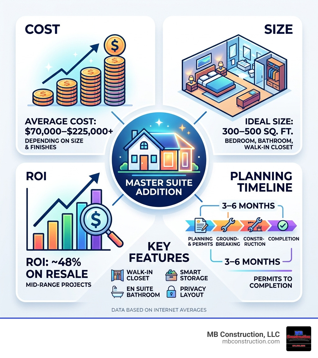 Master suite addition cost, size, ROI, and planning timeline infographic - adding a master bedroom and bathroom infographic 