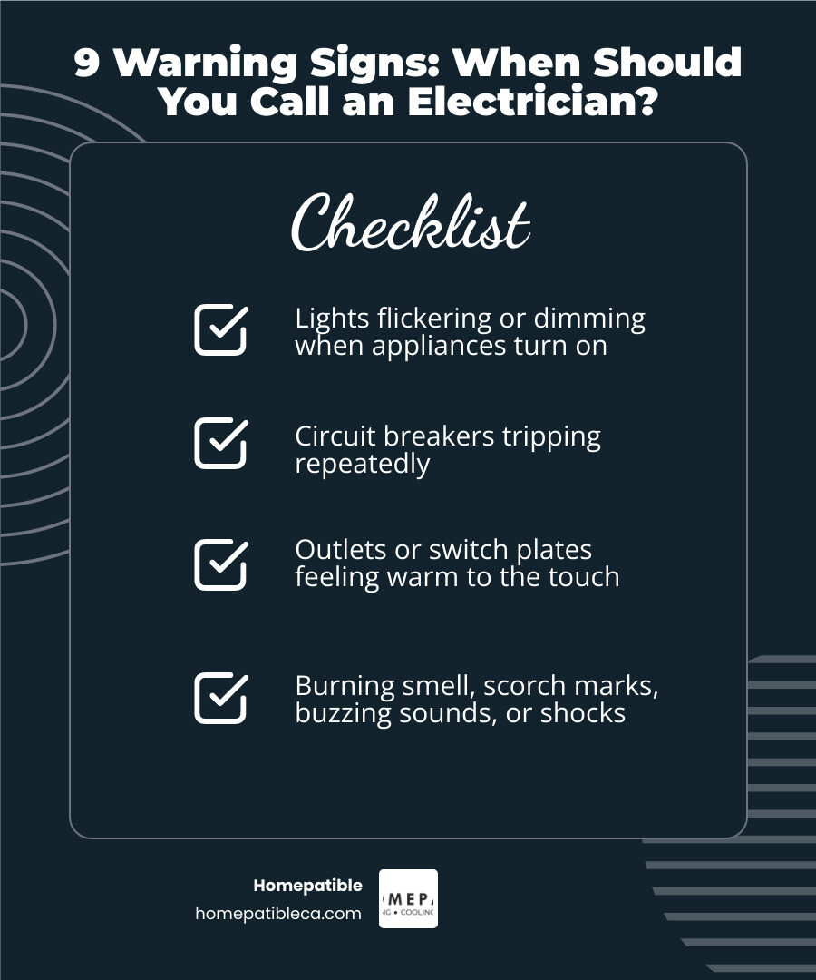 Infographic showing 9 warning signs that indicate when you should call an electrician at home - when should you call an Infographic showing 9 warning signs that indicate when you should call an electrician at home - when should you call an