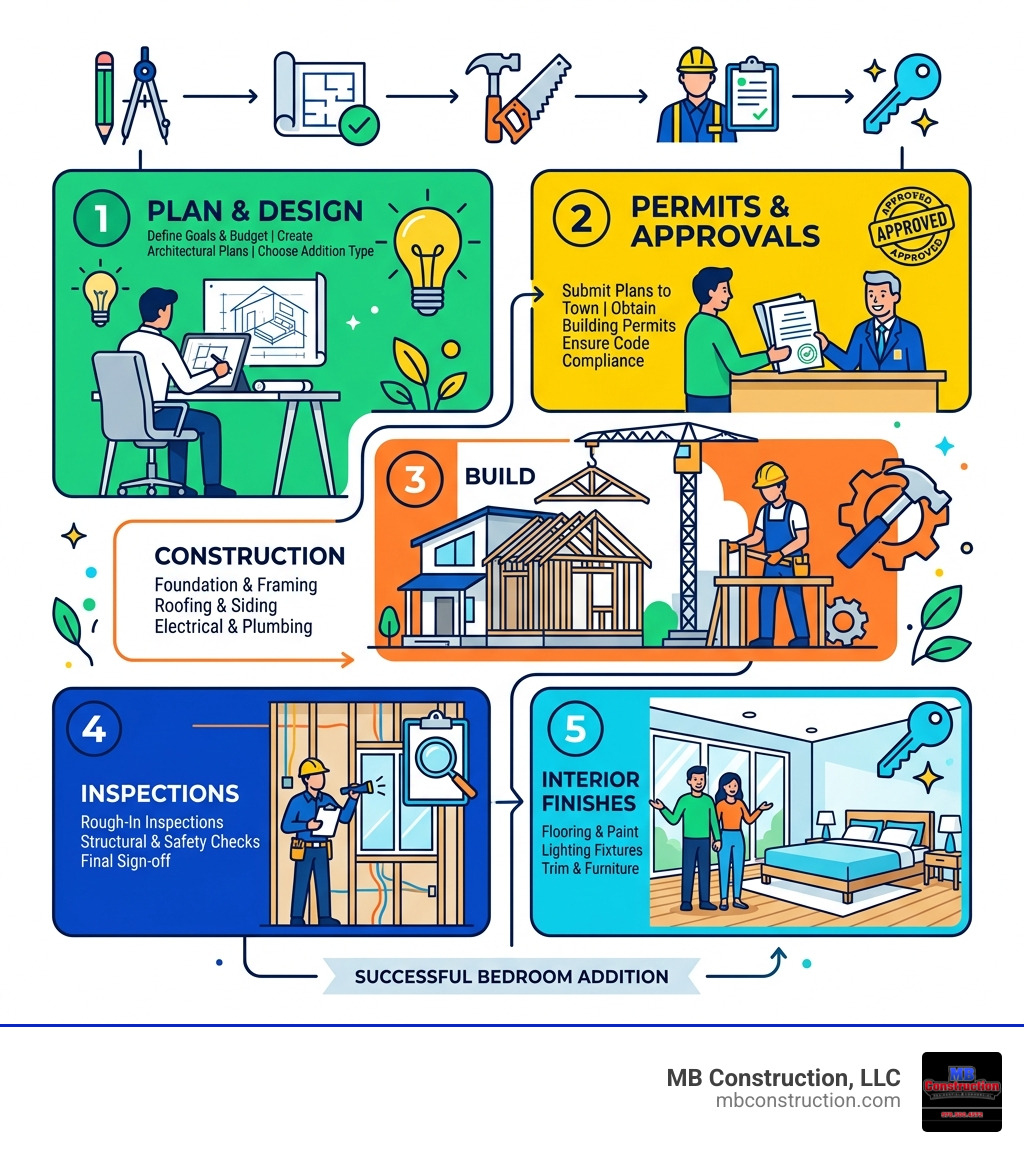 Step-by-step bedroom addition process: plan, permit, build, inspect, finish - add extra bedroom to house infographic 