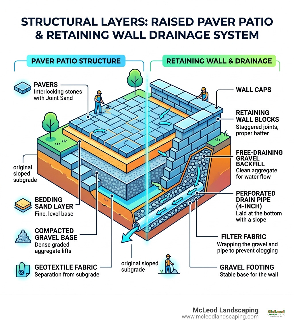 Structural layers of a raised paver patio and retaining wall drainage system infographic - building a paver patio with Structural layers of a raised paver patio and retaining wall drainage system infographic - building a paver patio with