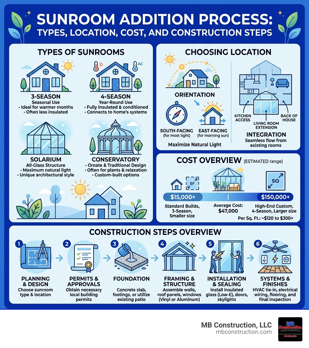 Sunroom addition process infographic: types, location, cost, and construction steps overview - add sunroom to house Sunroom addition process infographic: types, location, cost, and construction steps overview - add sunroom to house