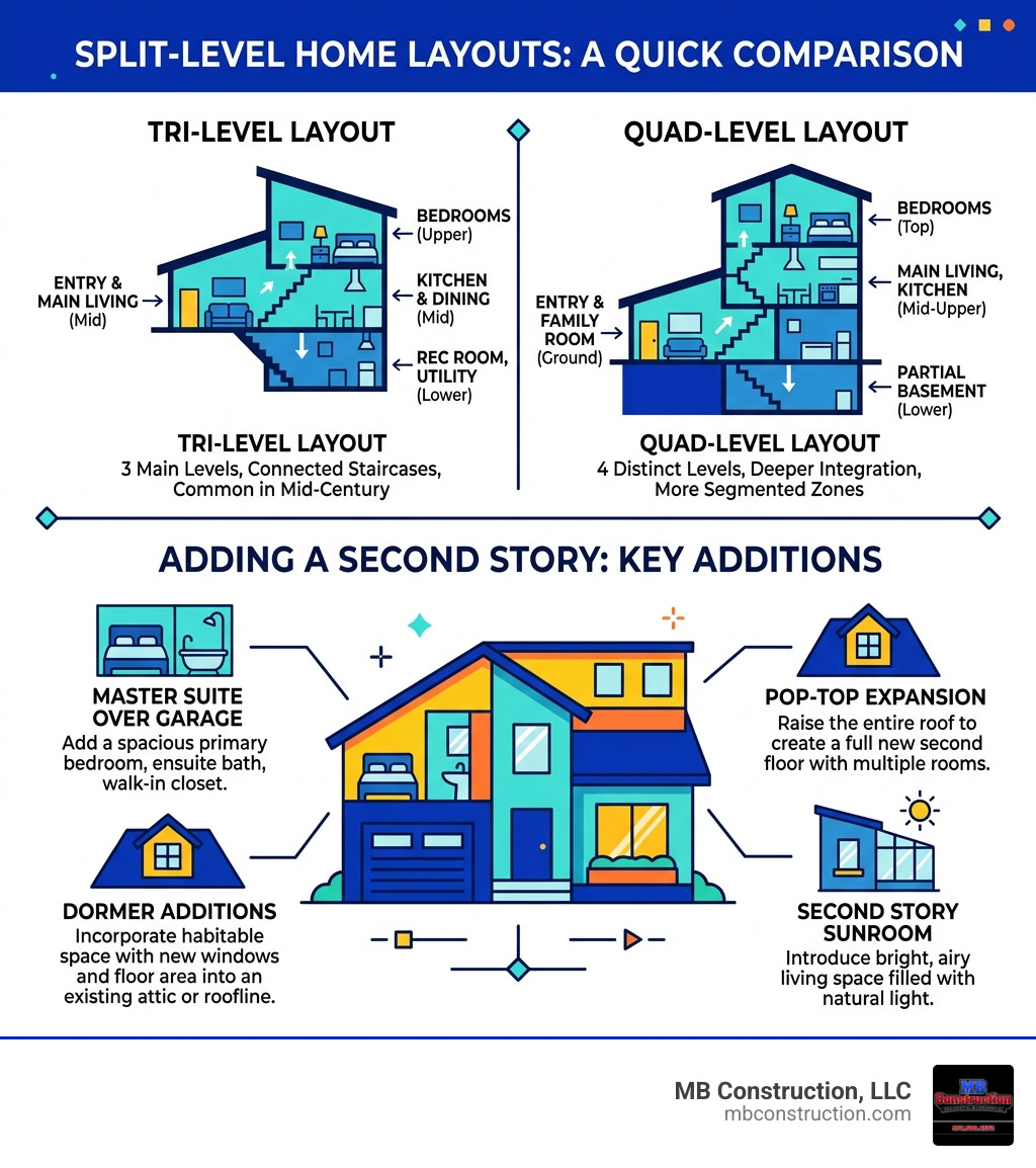Infographic comparing tri-level vs quad-level split home layouts and what a second story addition adds - adding a second Infographic comparing tri-level vs quad-level split home layouts and what a second story addition adds - adding a second