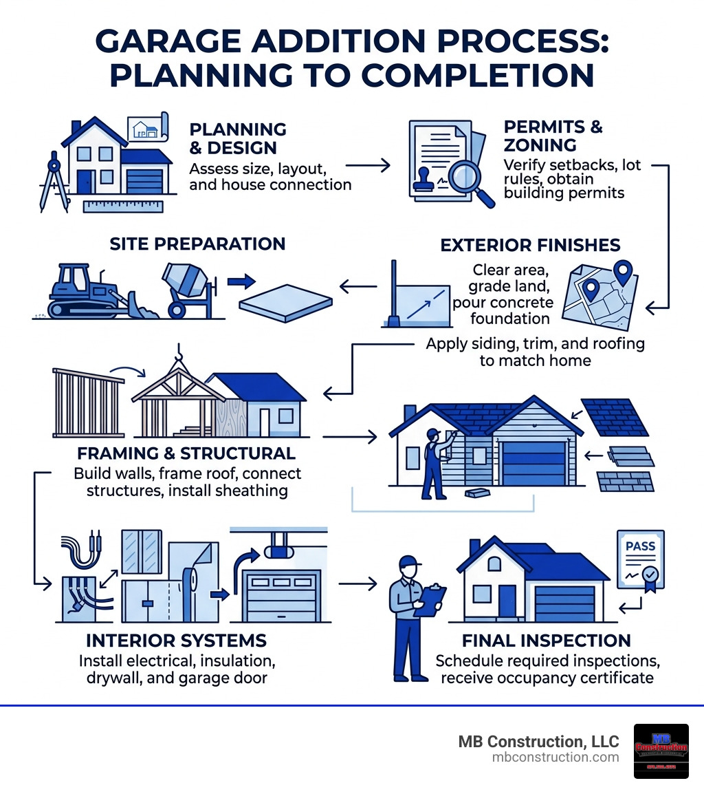 Infographic showing garage addition process steps from planning and permits through construction to final inspection Infographic showing garage addition process steps from planning and permits through construction to final inspection