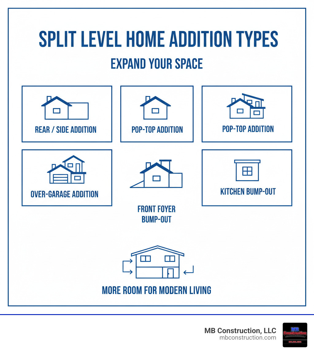 Split level home addition types infographic showing rear, side, pop-top, garage, and kitchen options - addition on a split