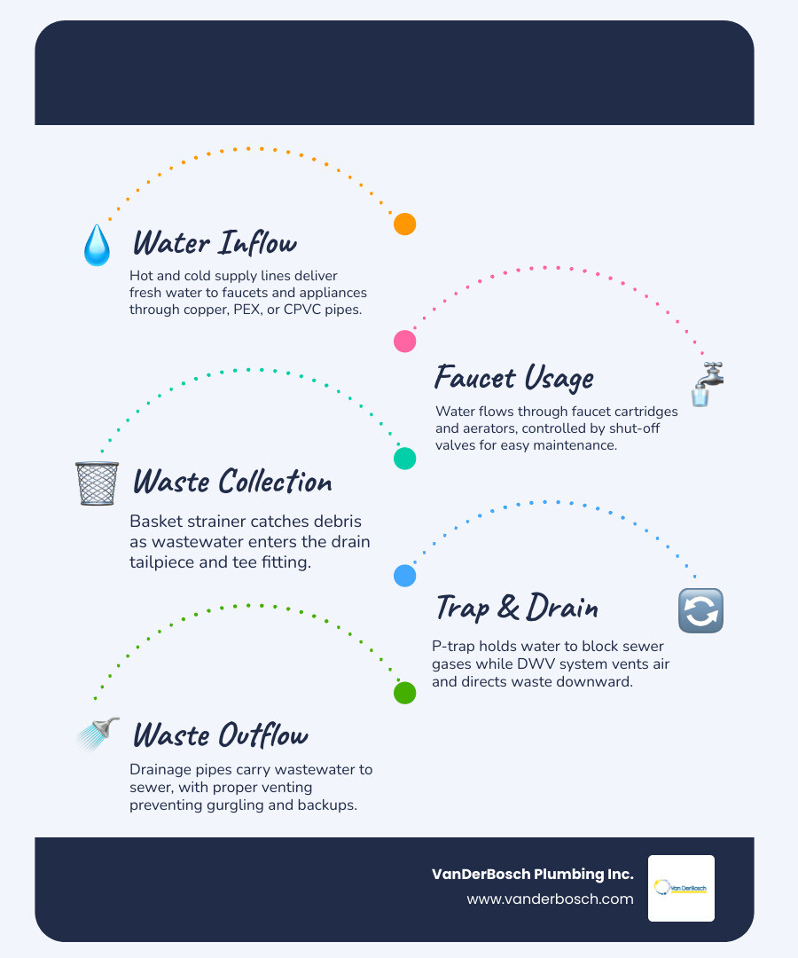 infographic showing water supply and waste flow in a kitchen plumbing system - kitchen plumbing infographic infographic showing water supply and waste flow in a kitchen plumbing system - kitchen plumbing infographic