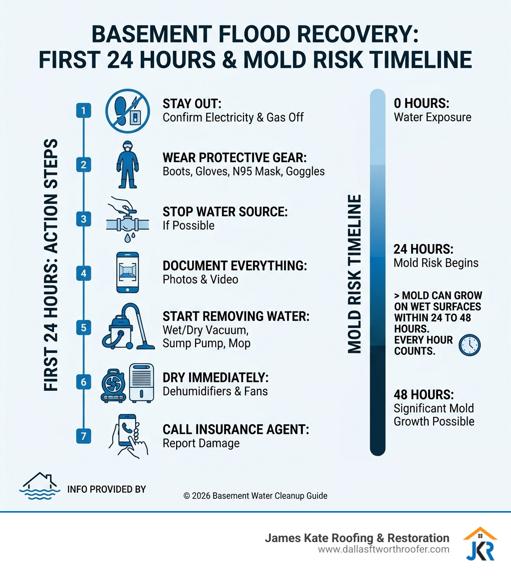 First 24 hours of basement flood recovery steps and mold risk timeline infographic - basement water cleanup infographic First 24 hours of basement flood recovery steps and mold risk timeline infographic - basement water cleanup infographic
