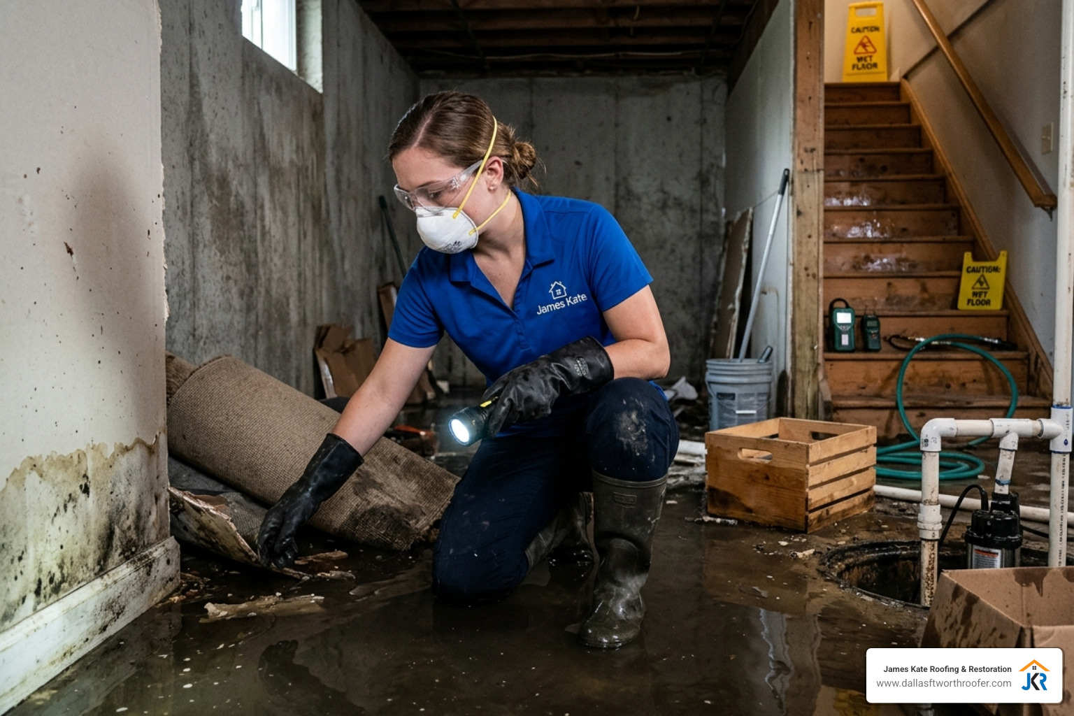 James Kate team member in royal blue shirt wearing PPE and inspecting a basement - basement water cleanup James Kate team member in royal blue shirt wearing PPE and inspecting a basement - basement water cleanup