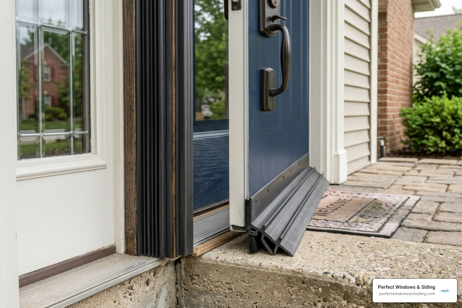 Detailed view of energy-efficient door weatherstripping and a multi-finned door sweep - custom door replacement Park Ridge