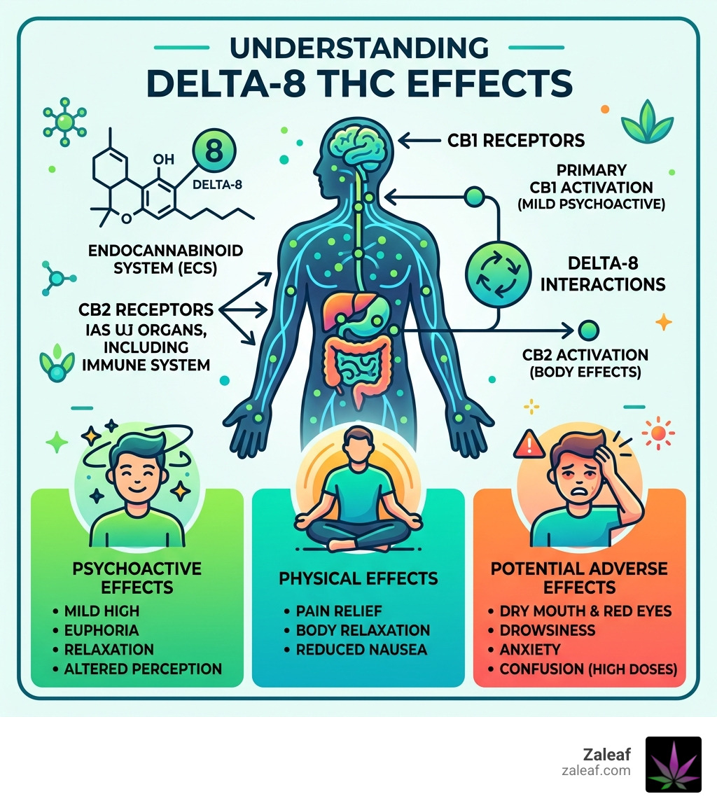 Infographic showing delta-8 effects on the endocannabinoid system, CB1 and CB2 receptors, and a summary of psychoactive Infographic showing delta-8 effects on the endocannabinoid system, CB1 and CB2 receptors, and a summary of psychoactive