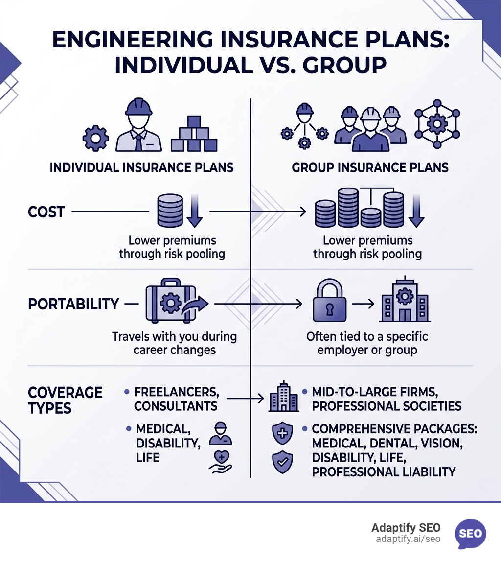 Infographic comparing individual vs group engineering insurance plans: cost, portability, coverage types - Health insurance