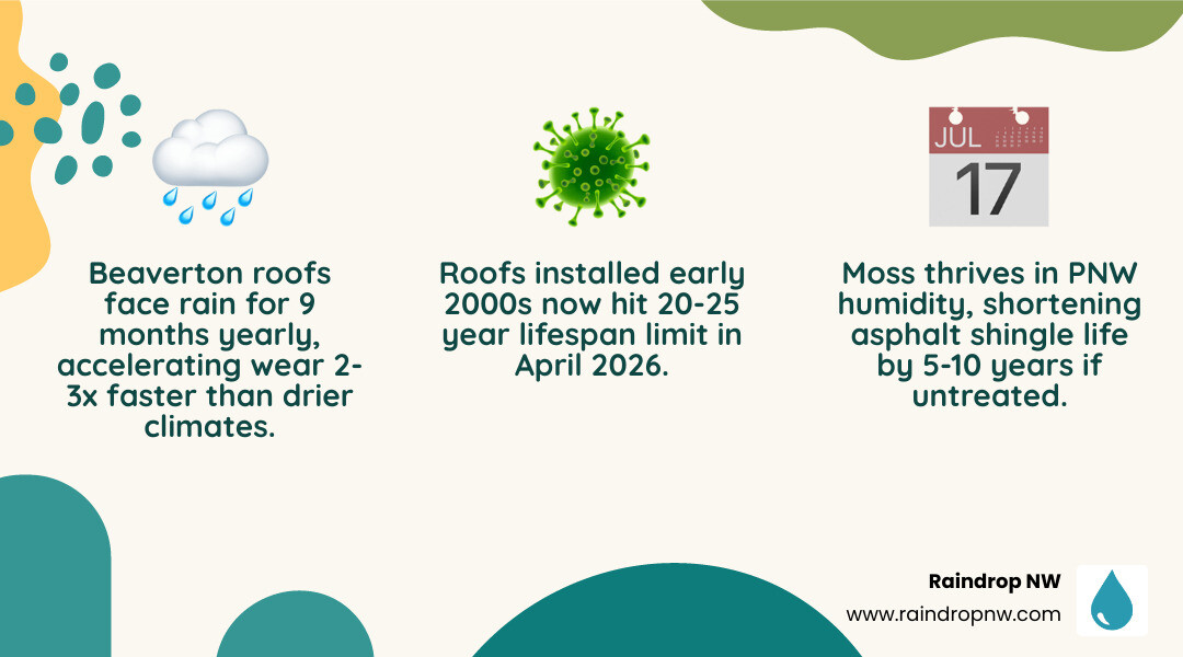 Infographic showing the lifecycle of a Pacific Northwest roof from installation to replacement warning signs - roof