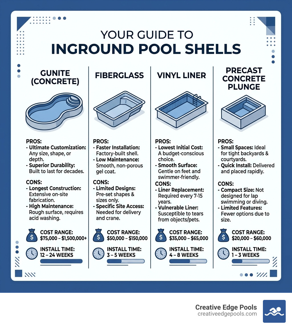 Infographic showing the four main types of inground pool shells with pros, cons, cost ranges, and install times - backyard